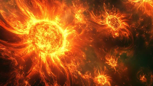 Suns pirouette through molten space in a cosmic fire ballet