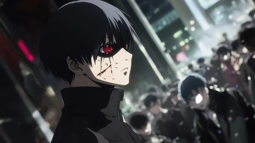 Red eyed anime figure in dark city crowd at night.