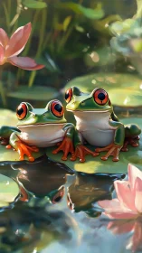 Two bright red eyed frogs on lily pads in calm pond.