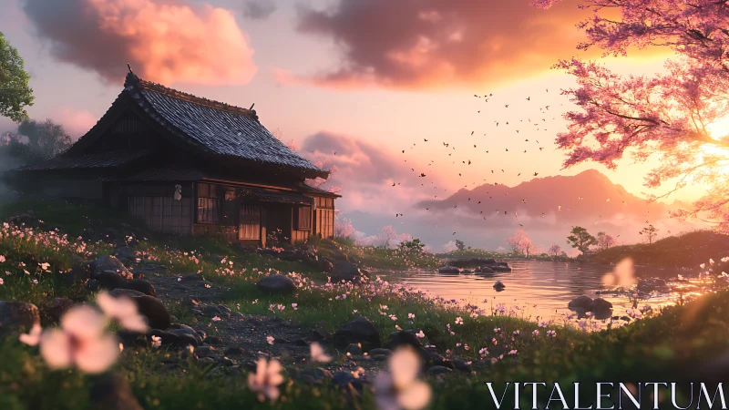 Sunlit sakura by tranquil lakeside cottage at dusk.