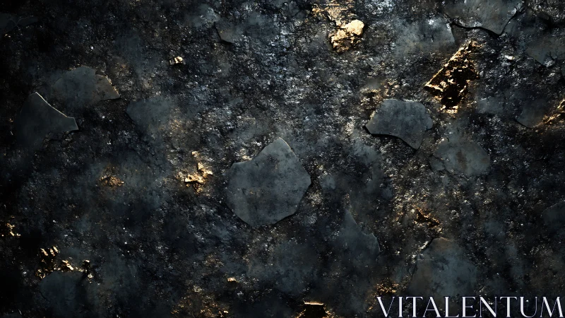 Oxidized metallic surface with fractured slate plates and gold flecks