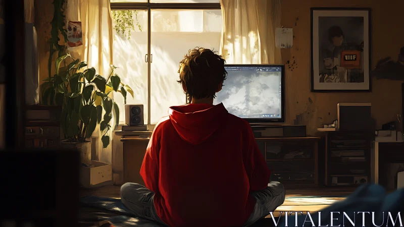 Backlit digital artist in sunlit studio apartment workspace.