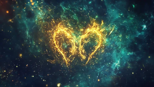 Golden heart pulses through cosmic turquoise energy waves.
