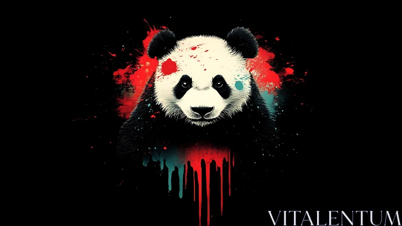 Splattered neon panda portrait on stark black field.