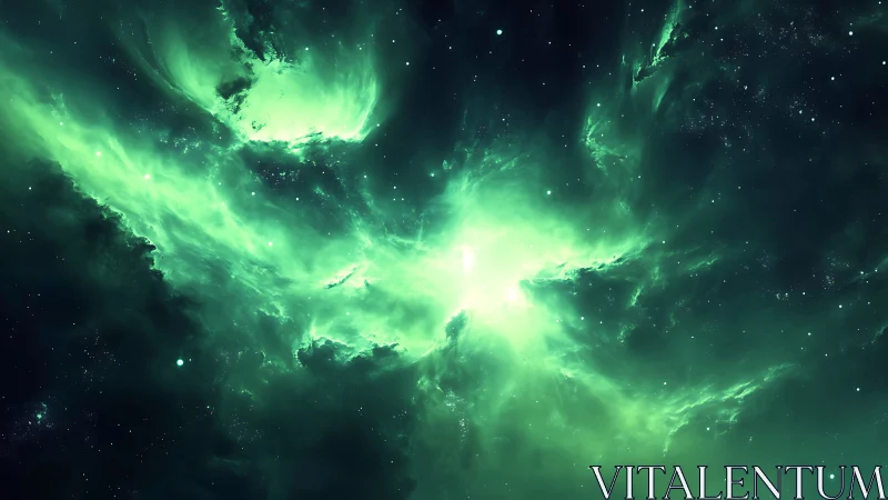 Emerald nebula spreads luminous wings across deep space.