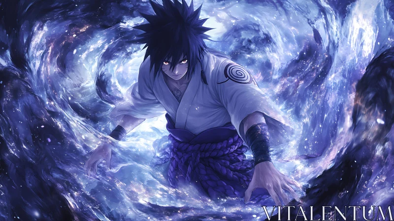 Storm-wreathed anime sorcerer bending a cosmic maelstrom.