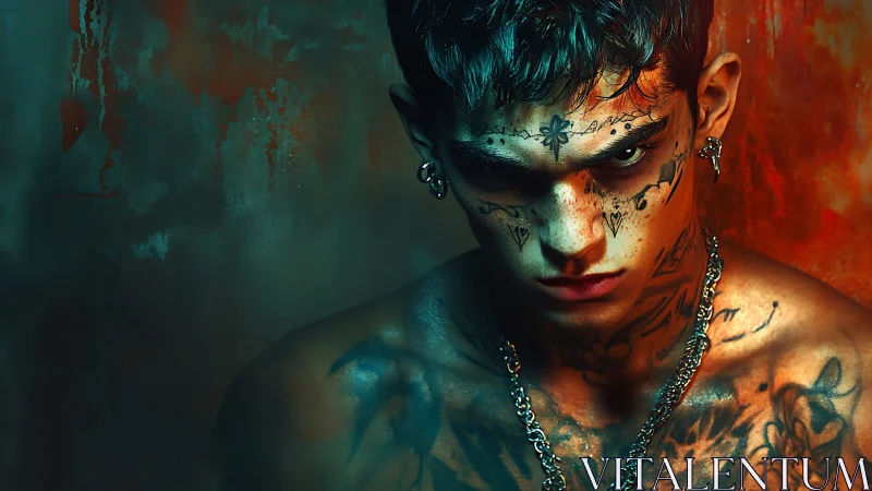 Tattooed youth glares under neon light in a moody portrait