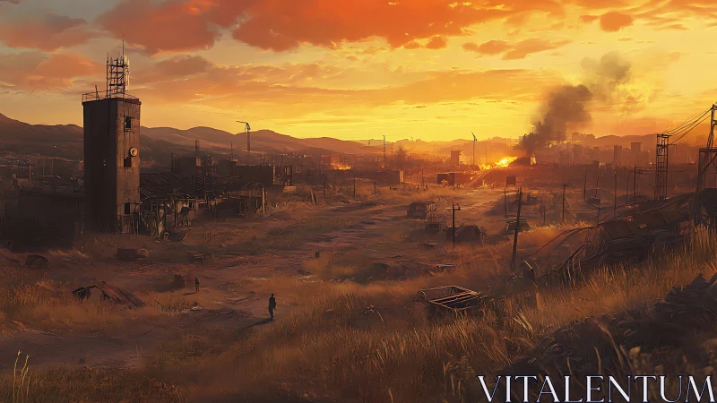 Golden sunset softens a lonely wanderer in a ruined city