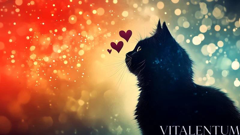 Silhouetted Black Cat with Heart Symbols Against Warm Golden-to-Teal Bokeh Gradient