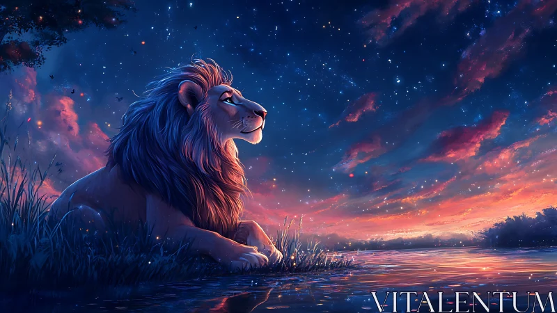 Starry riverbank dreams with a gentle twilight lion.