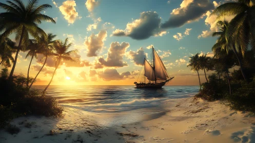Sunlit sailboat glides past tropical shore at golden sunset.