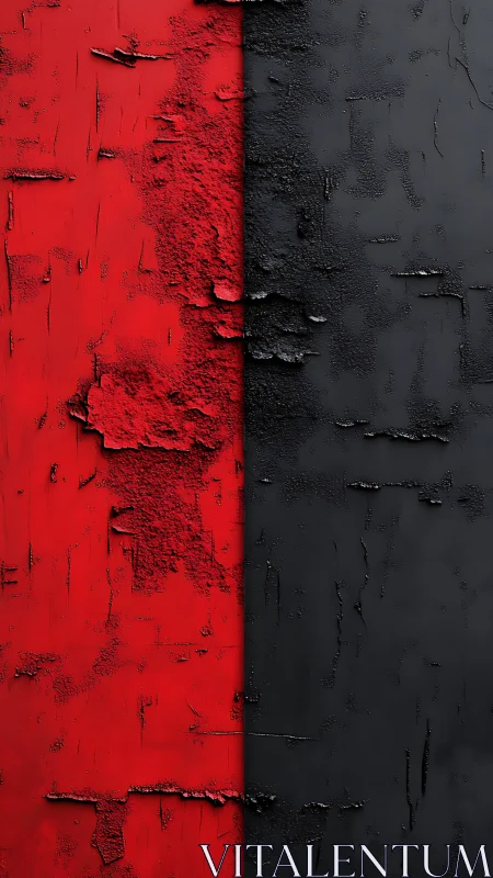 Red and black cracked wall divides bold textured surface.