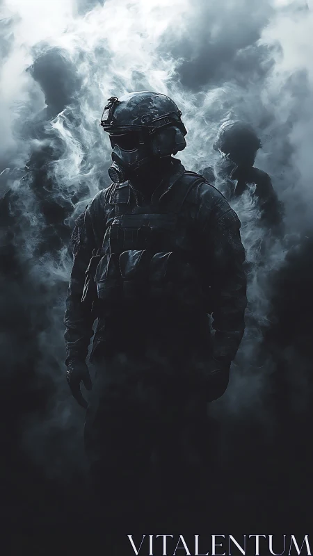 Soldier in tactical gear stands in dense atmospheric smoke