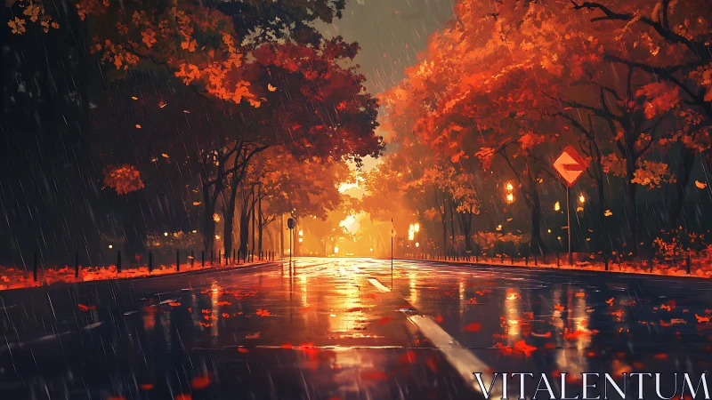 Rain-soaked autumn avenue under glowing sunset canopy.