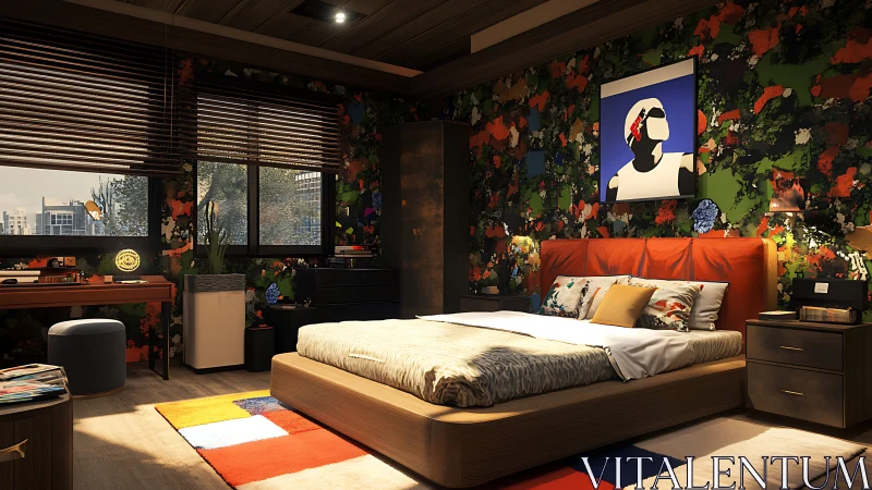 Contemporary bedroom interior uses patterned walls and warm lighting