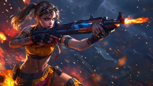 Cyberpunk gunner unleashes rifle fire across burning skyline