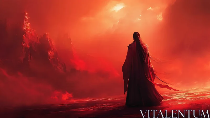 Backlit robed figure surveys crimson volcanic citadel landscape