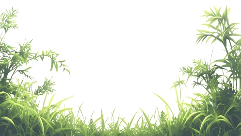 Green foliage border with grass and plants on white background.