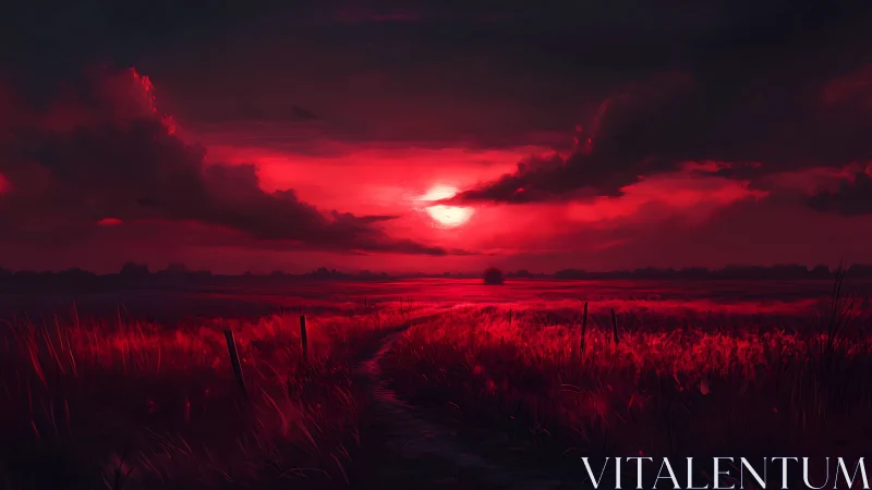Crimson sunset gently washes a quiet countryside field in light