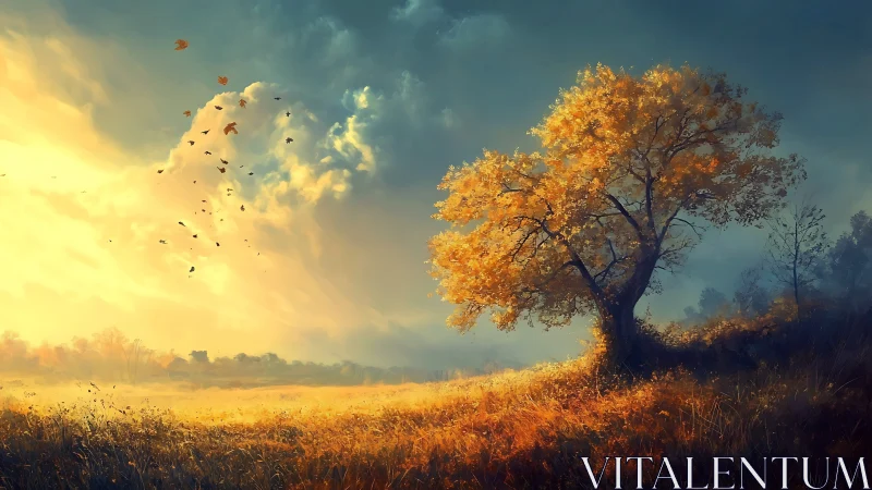 Golden autumn tree bends under wind across glowing field