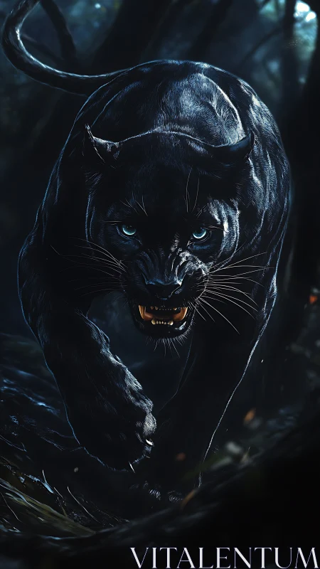 Snarling Black Panther in Moonlit Jungle Setting.