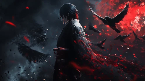 Brooding swordsman with ravens in crimson stormlight.