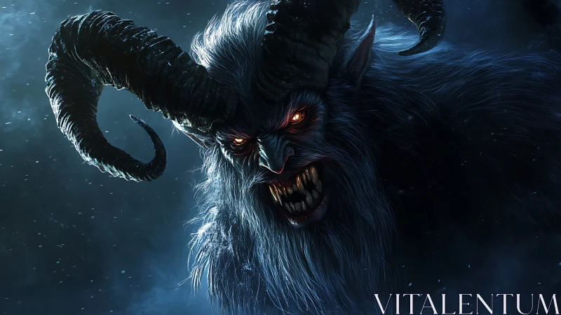 Horned demonic entity with luminescent eyes in glacial fog.