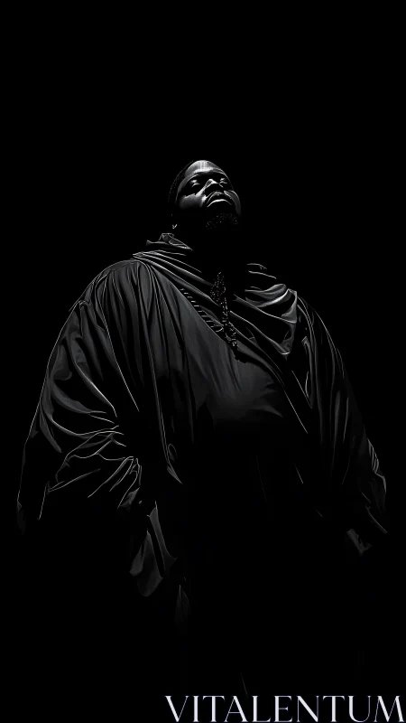 Monochrome volumetric portrait in high contrast chiaroscuro.