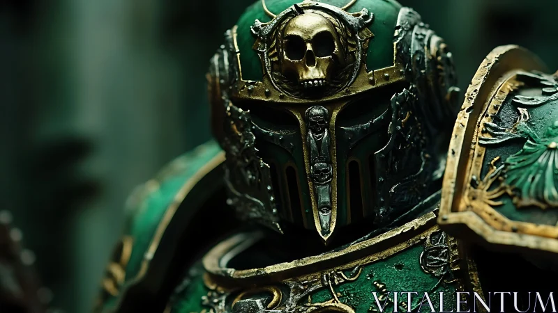 Emerald skull-knight waits in ornate, war-scarred silence.