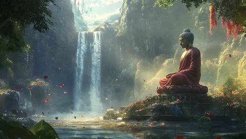 Seated Buddha statue faces vertical waterfall in dense canyon