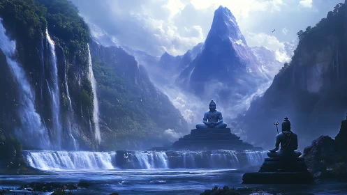 Mystic mountain temple with serene river deity statues.