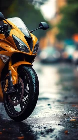 Rain-kissed sport bike waits like a coiled thunderbolt curbside