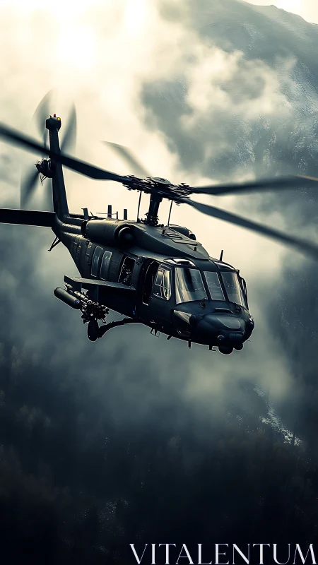 Stealth military helicopter cutting through stormy mountain fog.