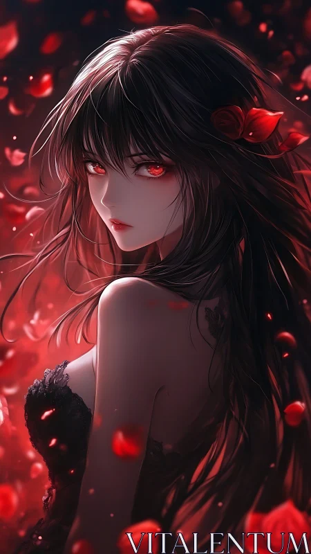 Scarlet eyed anime girl stands in a storm of red petals