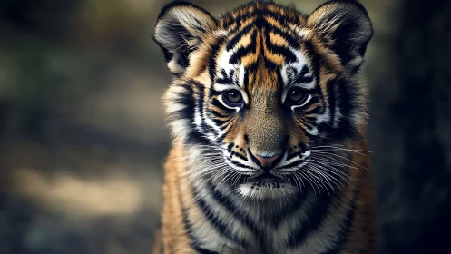 Young tiger cub portrait with focused, intense gaze.