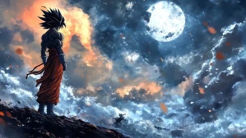 Silhouetted muscular figure on ridge under full moon sky.