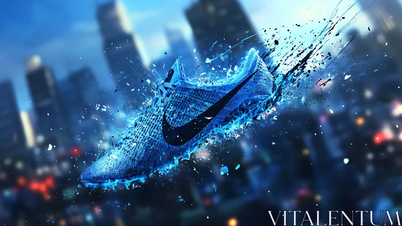 Blue running shoe in motion over abstract city background.