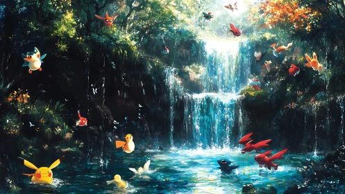 Playful pocket creatures enjoy a sparkling forest waterfall