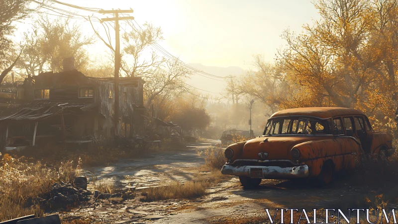 Rusty station wagon naps under autumn light in ruined suburb