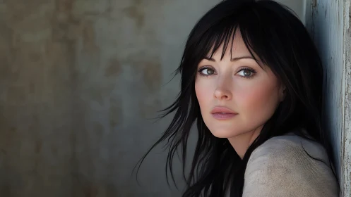 Gentle gaze by the window with soft light and quiet calm.