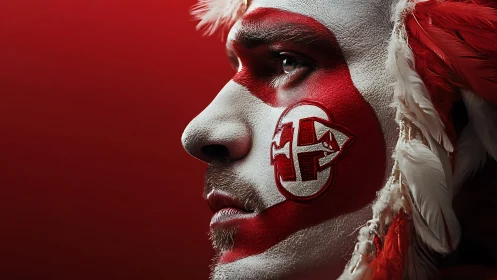 Side profile sports fan portrait with red white face paint