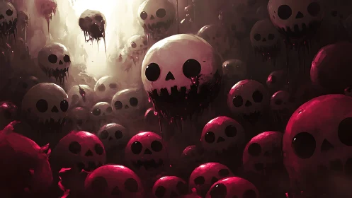 Clustered floating skull orbs drift in a dim red cavern