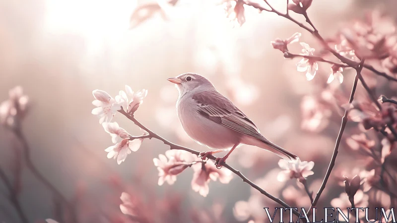 Blush-feathered songbird perches among cherry blossom whispers.