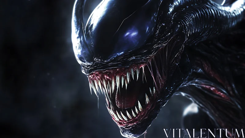 Macro close-up of biomechanical alien predator with exposed fangs