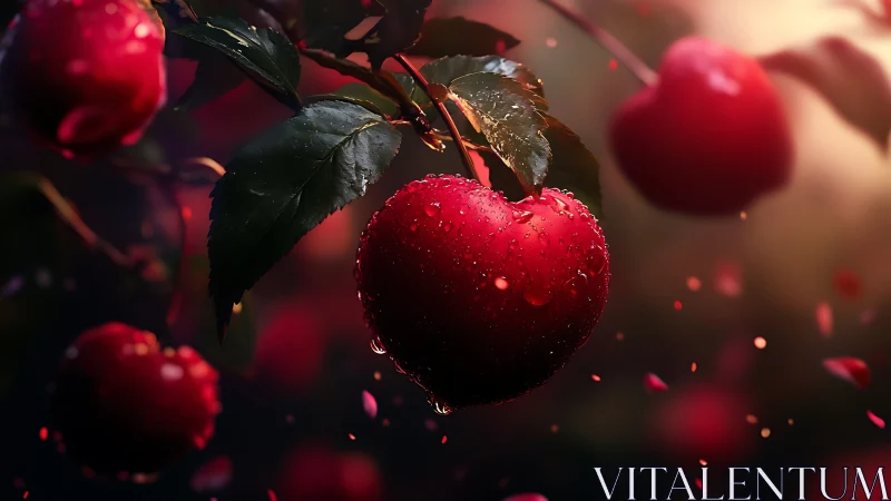 Heart shaped apple glowing softly in a dreamy orchard.