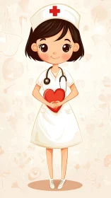 Cartoon nurse holding red heart with warm neutral backdrop