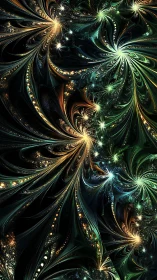 Fractal starbursts spiral through cosmic foliage patterns.