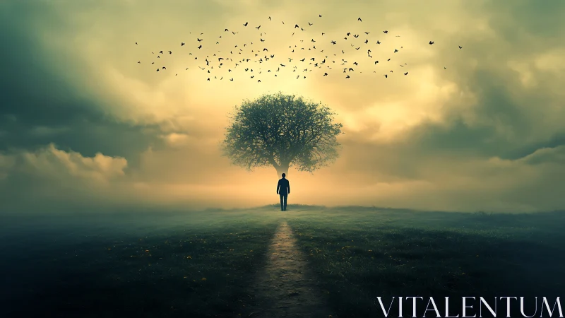 Solitary figure beneath lone tree in misty open field.