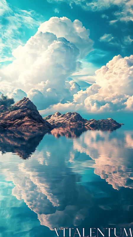 Cloud towers drifting above glass-lake dreams at noon.