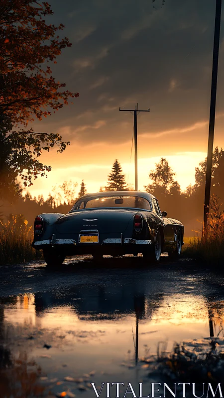 Wet rural roadway with retro coupe under stormlit sunset sky.